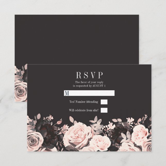 Dark Floral Blush Pink Charcoal Black Wedding RSVP Invitation (Front/Back)