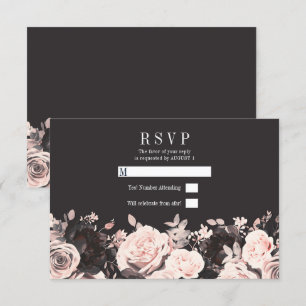 Dark Floral Blush Pink Charcoal Black Wedding RSVP Invitation