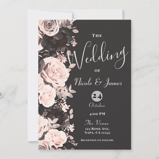 Dark Floral Blush Pink Charcoal Grey Black Wedding Invitation (Front)
