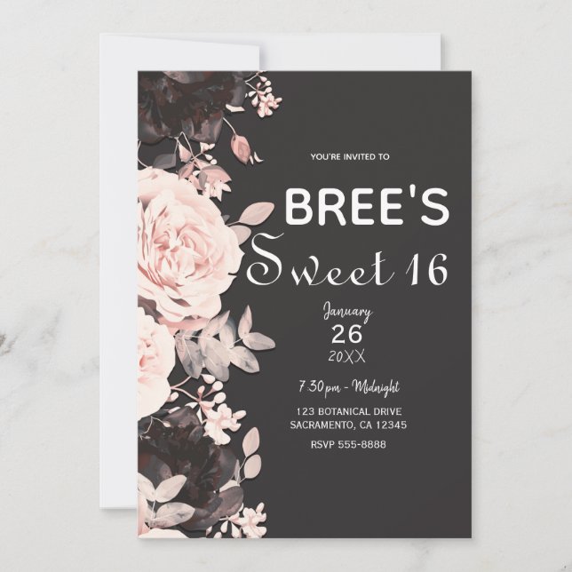 Dark Floral Blush Pink Charcoal Grey Sweet 16 Invitation (Front)