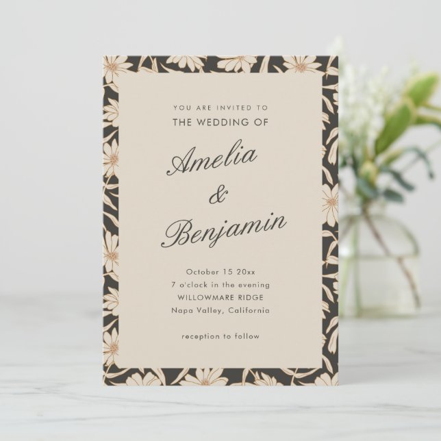 Dark Floral Botanical Black Ivory Wedding Invitation (Standing Front)