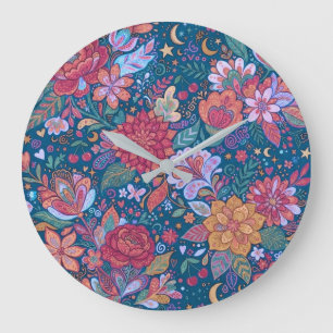 Dark Floral Botanical Pattern with Vintage Moody G Large Clock