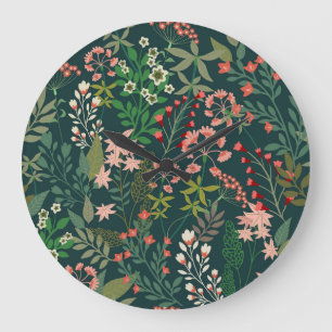 Dark Floral Botanical Seamless Pattern Large Clock