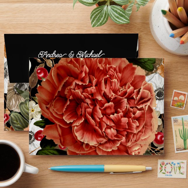 Dark Floral Botanical Sophisticated Black Wedding Envelope (Desk)