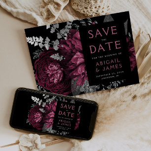 Dark Floral Burgundy Silver Wedding Save the Date Invitation