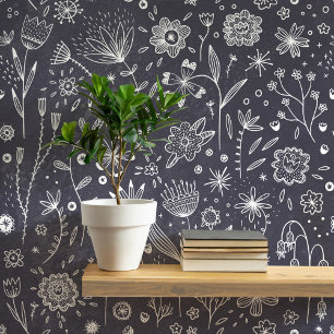 Dark Floral Chalkboard Grey Botanical Wallpaper
