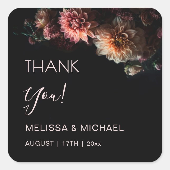 Dark Floral Chrysanthemum Wedding Thank You Square Sticker (Front)