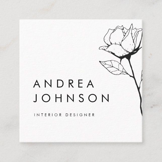 Dark Floral Drawn Botanical Elegant Plain White  Square Business Card (Front)