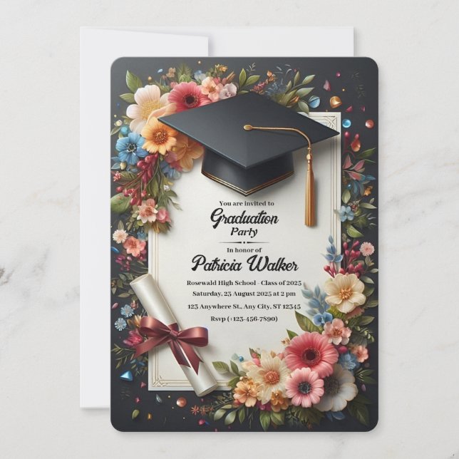Dark Floral Elegant Graduation Party Invitation (Front)