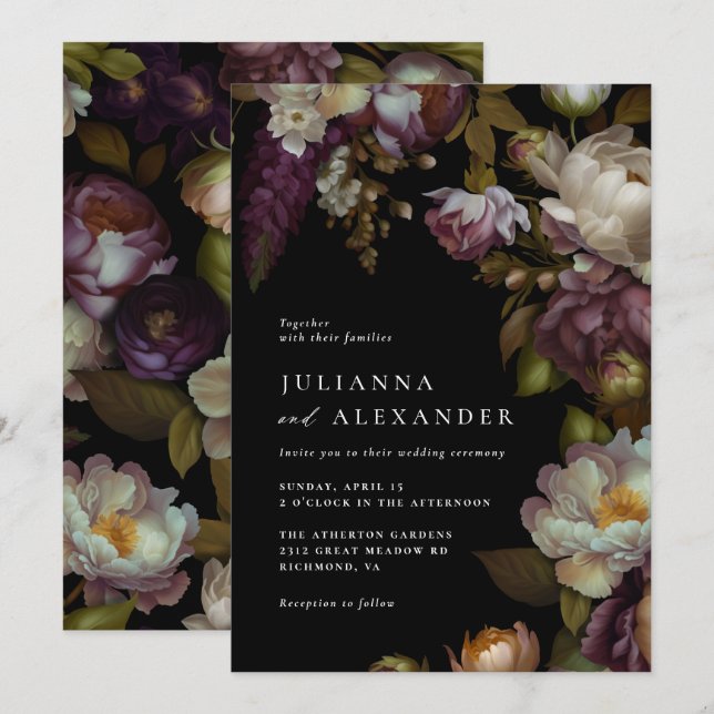 Dark Floral | Elegant Moody Modern Black Wedding Invitation (Front/Back)