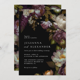 Dark Floral   Elegant Moody Modern Black Wedding Invitation