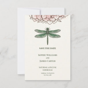 Dark Floral Emerald Dragonfly and Hydrangea Save The Date