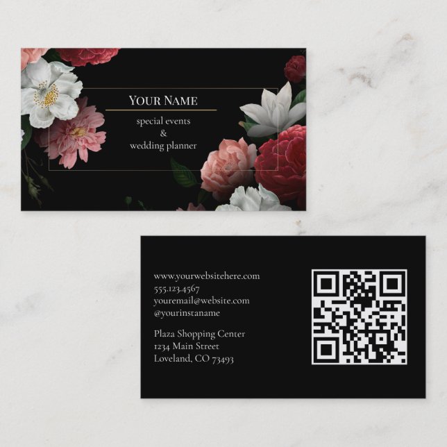Dark Floral event wedding planner Business Card (Front/Back)