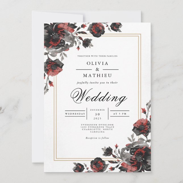 Dark Floral Frame Romance Wedding Invitation (Front)