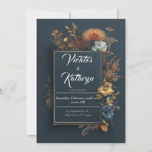 Dark Floral Frame Wedding Invitation (Front)