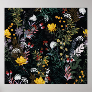 Dark Floral Garden: Blooming Night Pattern Poster