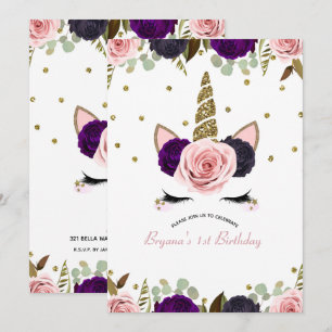 Dark Floral Glam Gold Glitter Unicorn Birthday Invitation