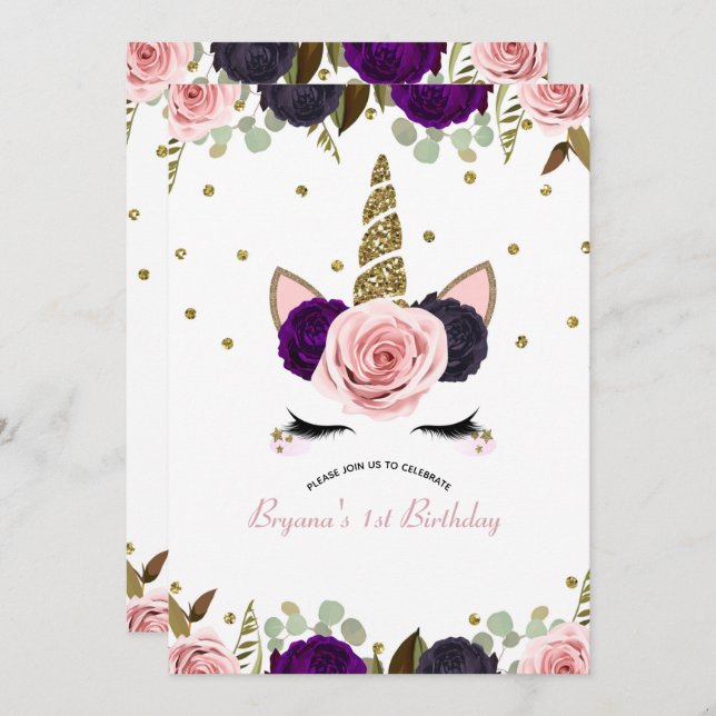 Dark Floral Glam Gold Glitter Unicorn Birthday Invitation (Front/Back)
