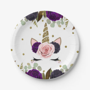 Dark Floral Glam Gold Glitter Unicorn Birthday Paper Plate