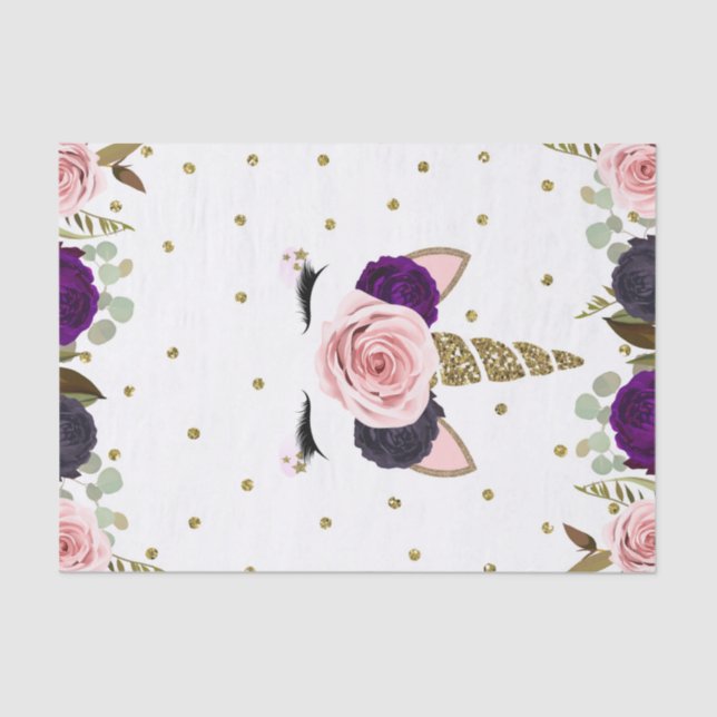Dark Floral Glam Gold Glitter Unicorn Birthday Tissue Paper (Front)