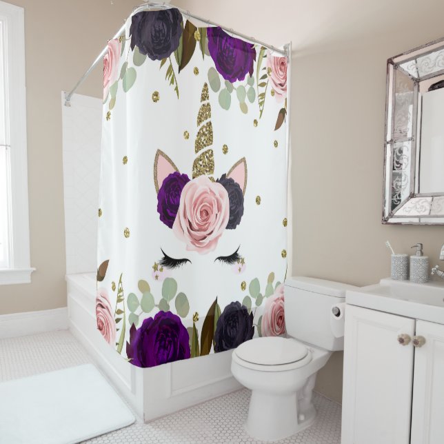 Dark Floral Glam Gold Glitter Unicorn Trendy Shower Curtain (In Situ)
