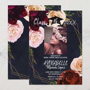 Dark Floral Gold Navy Blue Graduation Party Photo Invitation