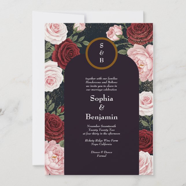 Dark Floral Gold Sparkle Wedding Invitation (Front)