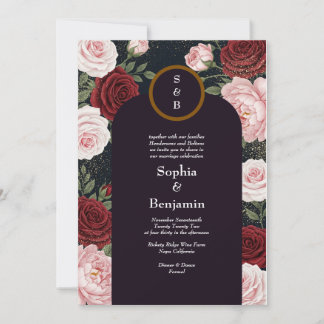 Dark Floral Gold Sparkle Wedding Invitation