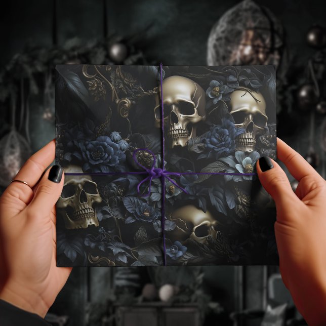 Dark Floral Gothic Black & Blue Skulls Creepy Wrapping Paper (Creator Uploaded)