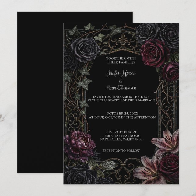 Dark Floral Gothic Halloween Wedding Invitation (Front/Back)