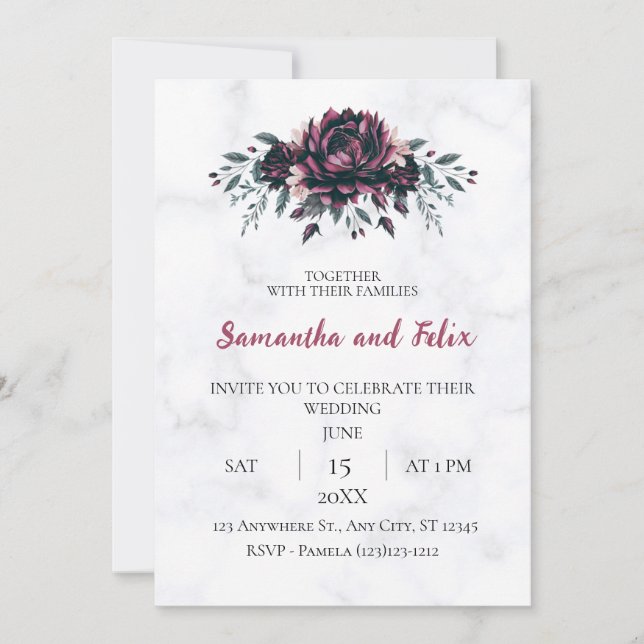 Dark Floral Gothic Marble Wedding Invitation (Front)