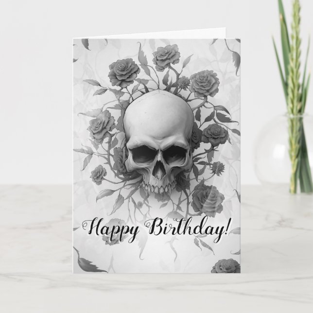 Dark Floral Gothic Rose Skull Birthday Card (Front)