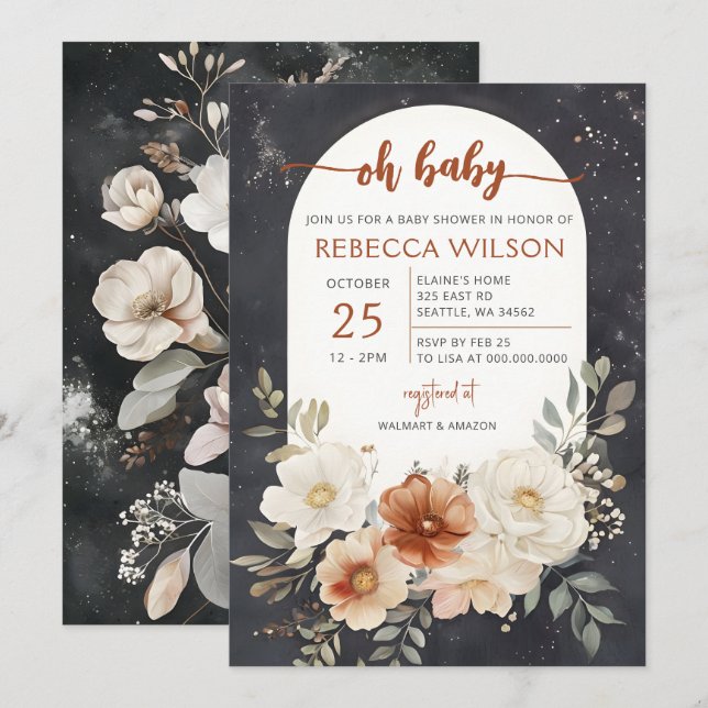 Dark Floral Greenery Botanical Boho Baby Shower  Invitation (Front/Back)
