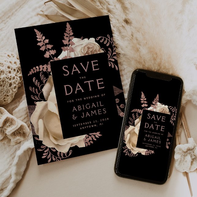 Dark Floral Ivory Rose Gold Wedding Save the Date Invitation (Creator Uploaded)