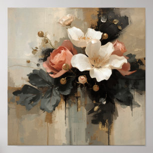 Dark Floral Magnolia & Rose Still Life Poster