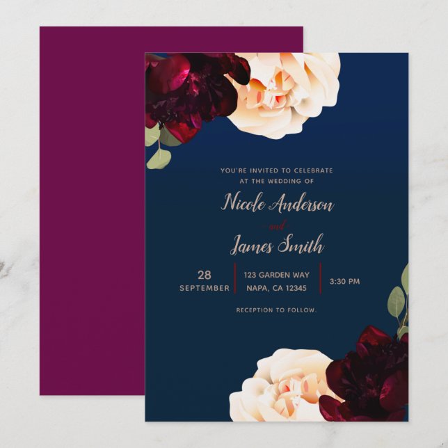 Dark Floral Marsala Cream & Navy Blue Wedding Invitation (Front/Back)
