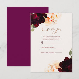 Dark Floral Marsala Cream Rose Gold Reply R.S.V.P. Invitation