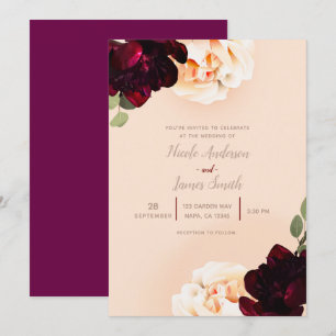Dark Floral Marsala Peach Elegant Chic Wedding Invitation
