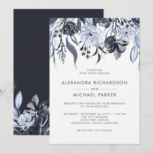 Dark Floral | Modern Watercolor Wedding Invitation (Front/Back)