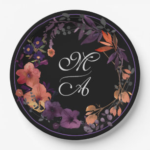 Dark Floral Monogram Goth Wedding Paper Plate