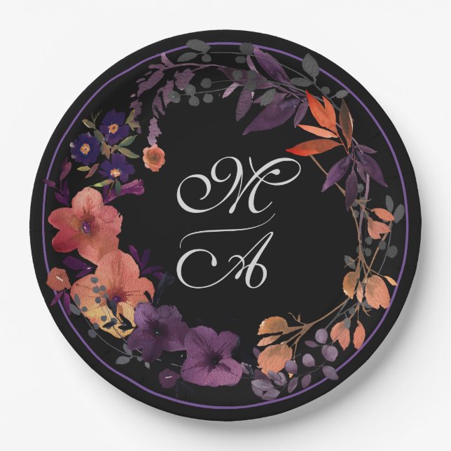  Dark Floral Monogram Goth Wedding Paper Plate (Front)