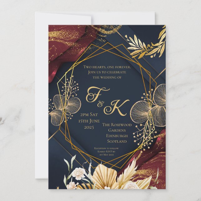 Dark Floral Monogram Wedding Invitation | Navy Bur (Front)