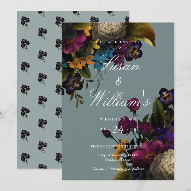 Dark Floral Moody Blue Teal Wedding Invitation (Front/Back)