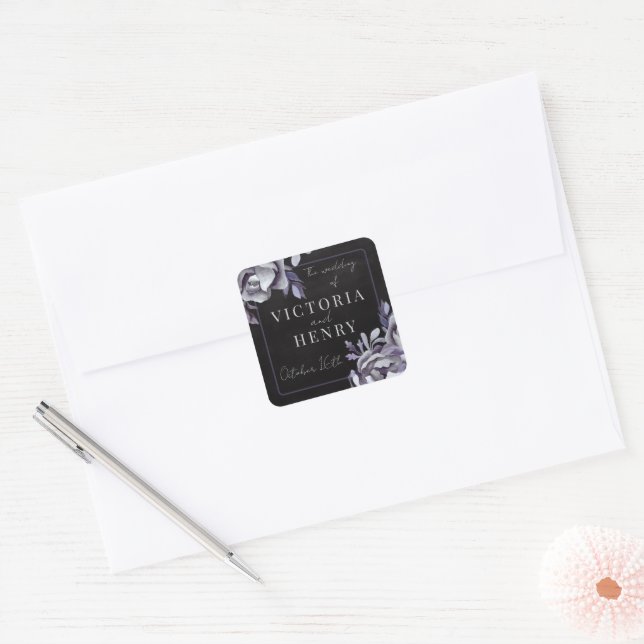 Dark Floral Moody Gothic Black Purple Wedding Square Sticker (Envelope)