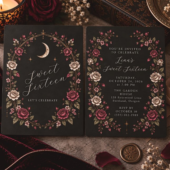 Dark Floral Moon Birthday Invitation (Creator Uploaded)