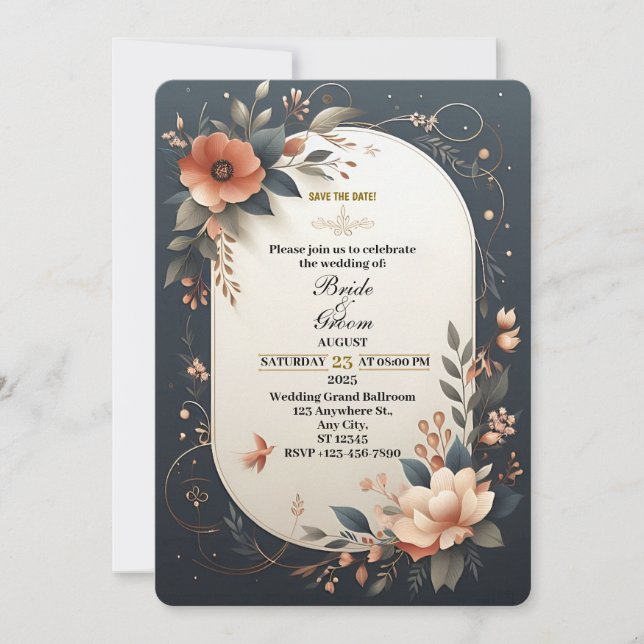 Dark Floral Navy and Peach Wedding Invitation (Front)