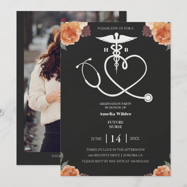 Dark Floral Nursing Graduation Invitation with Hea (Front/Back)