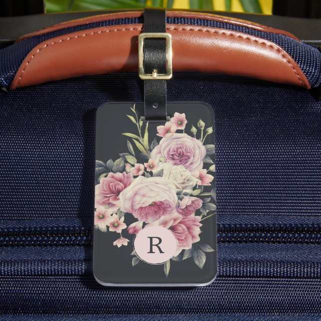 Dark Floral on Black | Monogram Luggage Tag (Front Insitu 2)