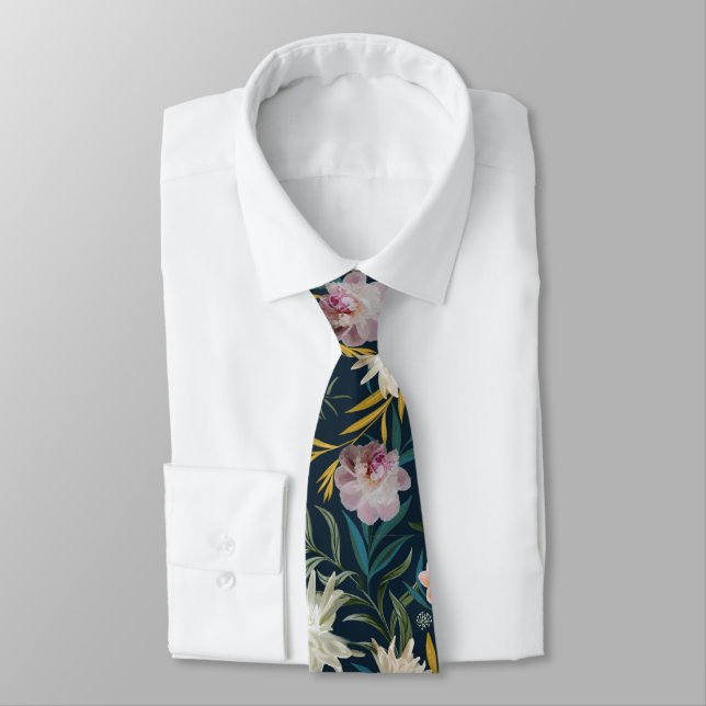 Dark Floral Painted Pattern Tie (Tied)