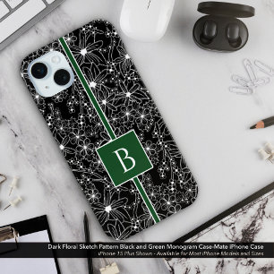 Dark Floral Pattern Black Green Sketch Monogram iPhone 15 Mini Case